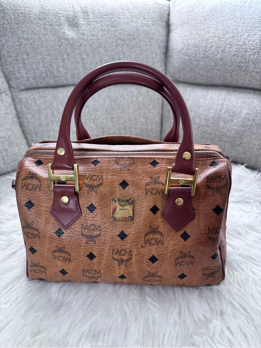 MCM Cognac Visetos Boston Bag